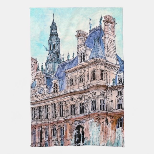 Destinations | Watercolor Rustic Hotel de Ville Tea Towel (Vertical)