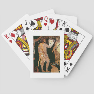 Detail from a red-figure vase showing an actor hol playing cards