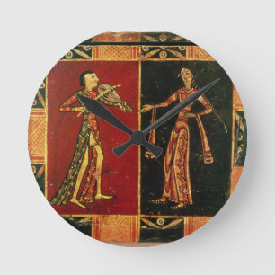 Detail from a wedding chest depicting a musician a round clock