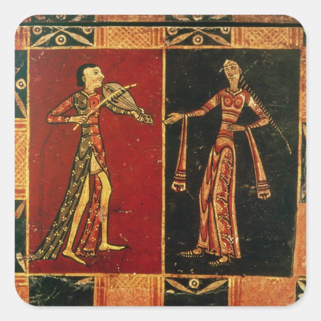 Detail from a wedding chest depicting a musician a square sticker (Front)