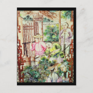 Detail of a vase with men watering tea plants postcard