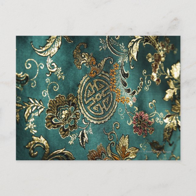 Detail of jade green Chinese silk fabric Postcard (Front)
