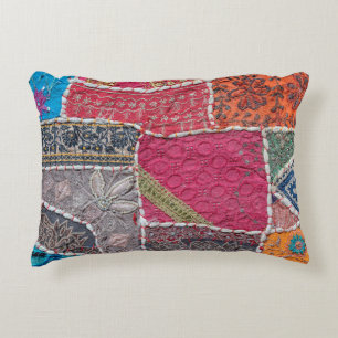 Detail old colorful patchwork carpet, India. Close Decorative Cushion