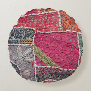 Detail old colourful patchwork carpet, India. Clos Round Cushion