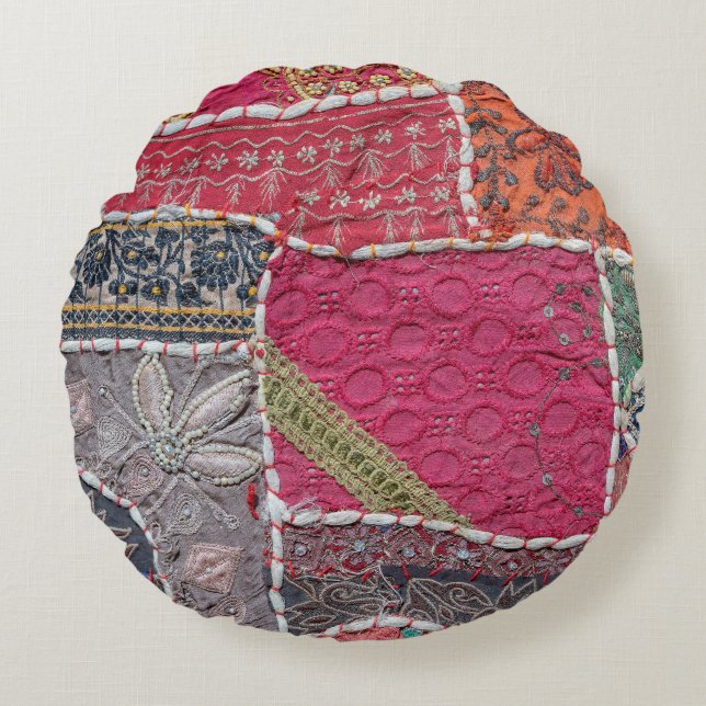 Detail old colourful patchwork carpet, India. Clos Round Cushion (Front)