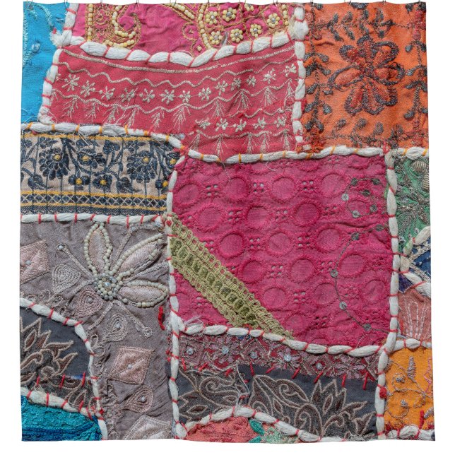 Detail old colourful patchwork carpet, India. Clos Shower Curtain (Front)