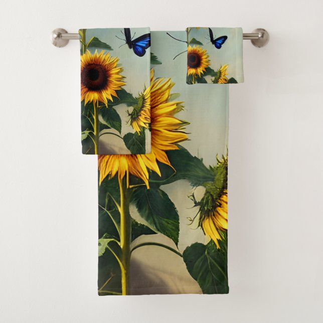 Detail Realistic Sunflowers and Butterflies Bath Towel Set (Insitu)