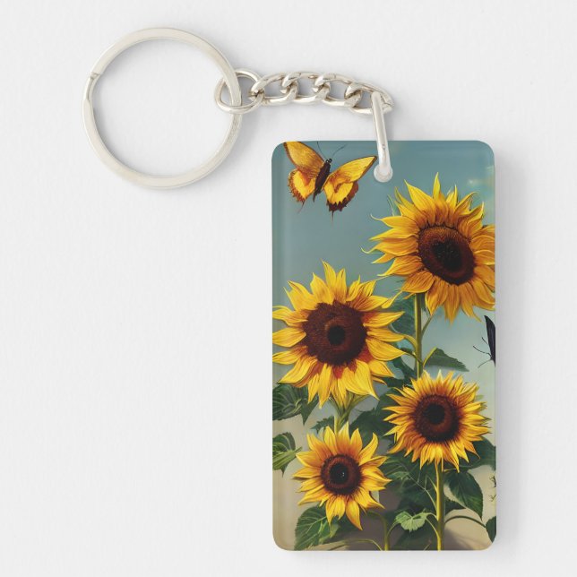 Detail Realistic Sunflowers and Butterflies  Key Ring (Front)
