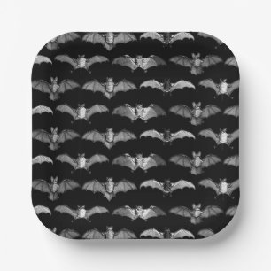 Detailed Bats Species Illustrations Pattern Black Paper Plate