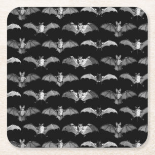 Detailed Bats Species Illustrations Pattern Black Square Paper Coaster