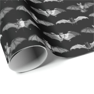 Detailed Bats Species Illustrations Pattern Black Wrapping Paper