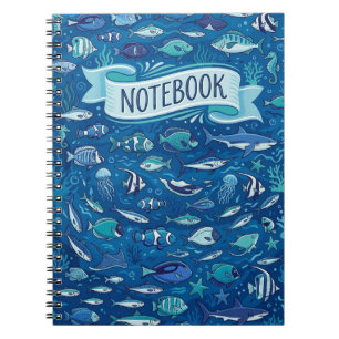 Detailed Blue Ocean Fish Pattern Notebook