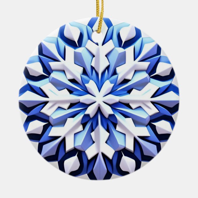 Detailed Blue Snowflake Ceramic Tree Decoration (Front)