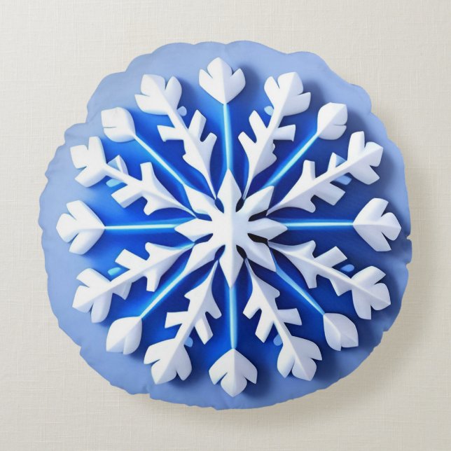 Detailed Blue Snowflake Round Cushion (Front)