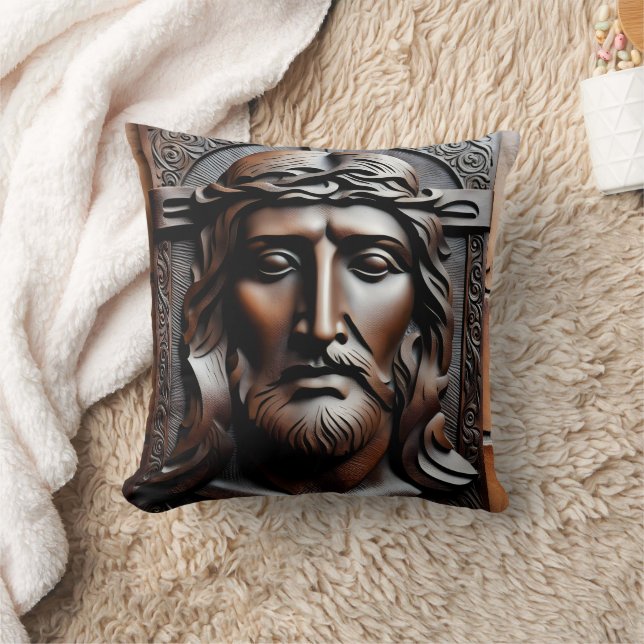 Detailed Carving of Jesus on a Stone Background Cushion (Blanket)