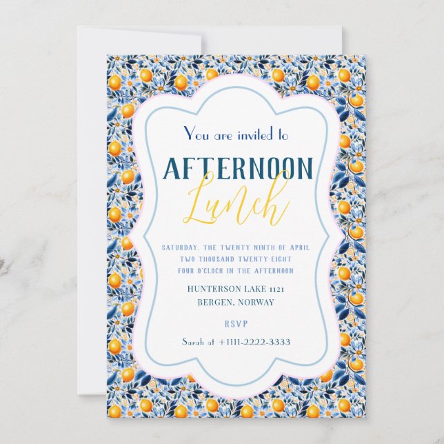 Detailed Classic Blue Lemon And Floral Tile  Invitation (Front)