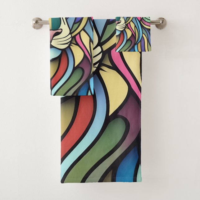Detailed Colourful Lion Head Bath Towel Set (Insitu)