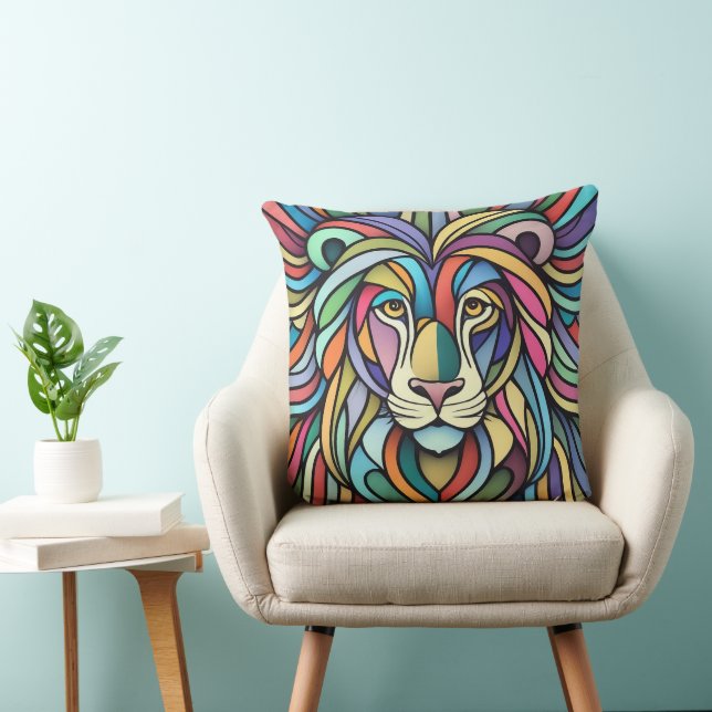 Detailed Colourful Lion Head Cushion (Chair)