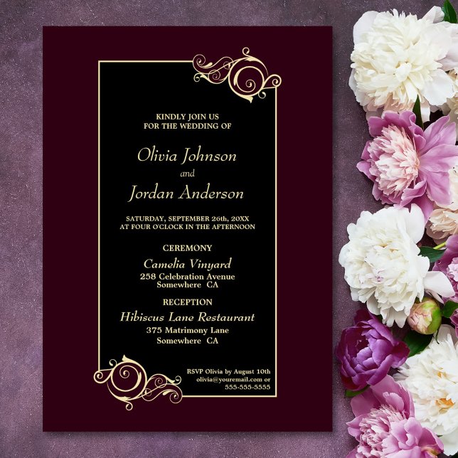 Detailed Elegant Black Burgundy Gold Wedding Invitation (Creator Uploaded)