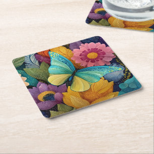 Detailed Floral and Butterfly Illustration Square Paper Coaster