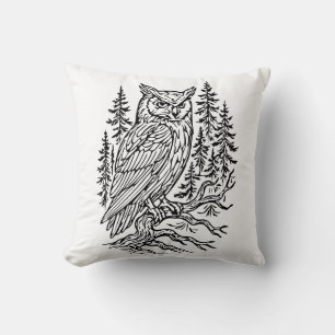 Detailed Horned Owl in Pine Forest Line Art Cushion