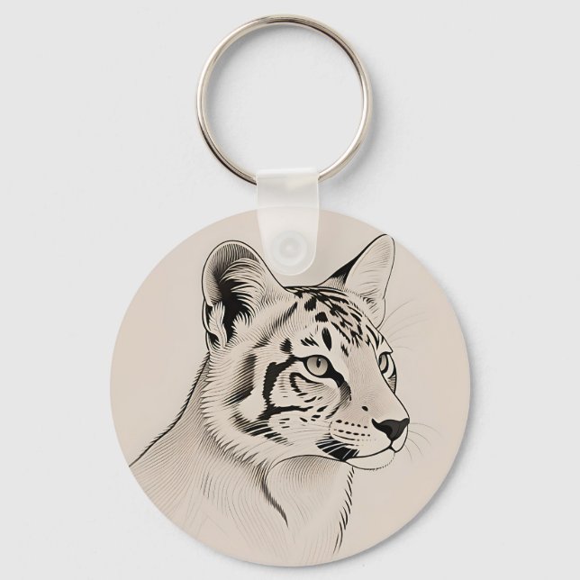 Detailed Lynx Portrait Line Art Key Ring (Front)