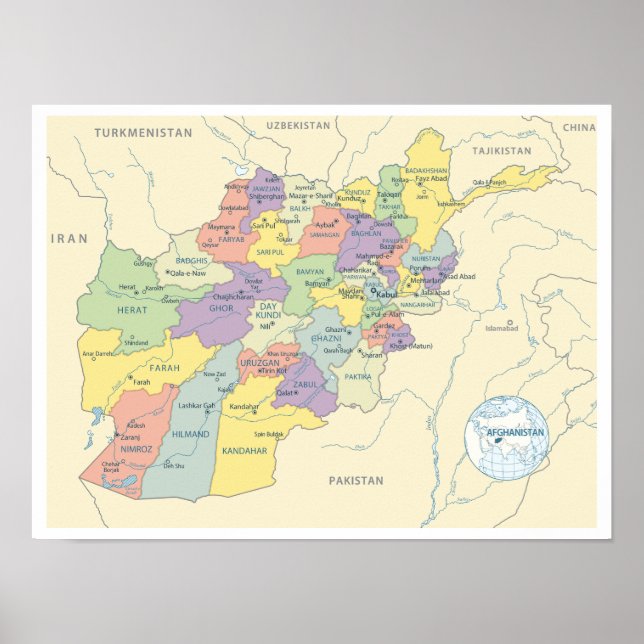 Detailed Map of Afghanistan Regions Poster (Front)