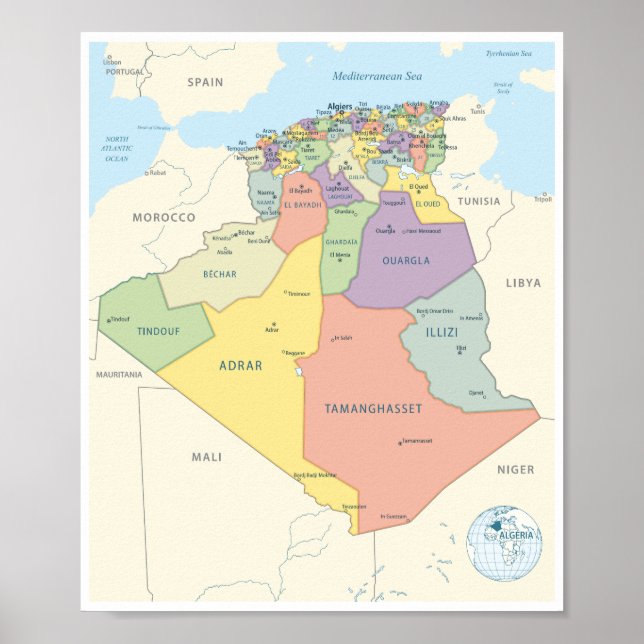 Detailed Map of Algeria Regions Poster (Front)