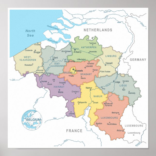 Detailed Map of Belgium Poster (Front)