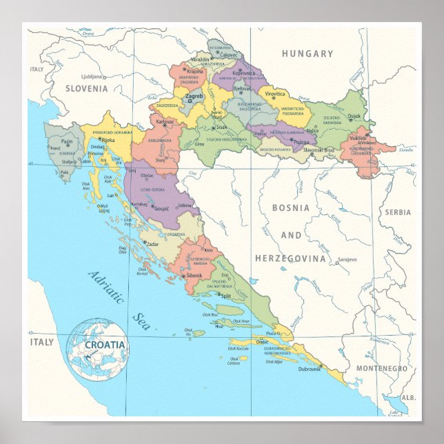 Detailed Map of Croatia Poster (Front)