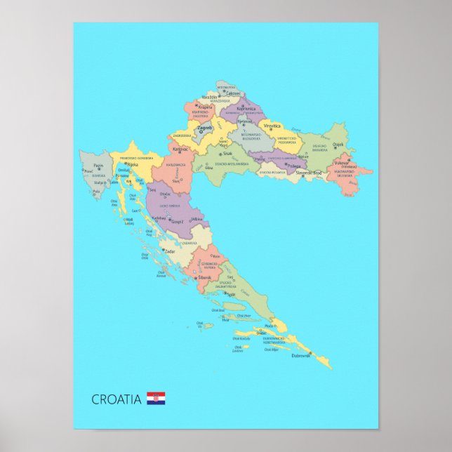 Detailed Map of Croatia Regions Poster (Front)
