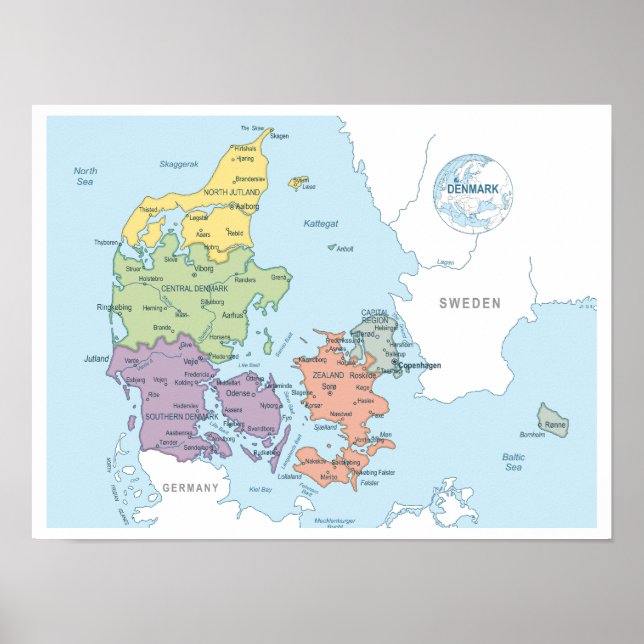 Detailed map of Denmark Poster (Front)