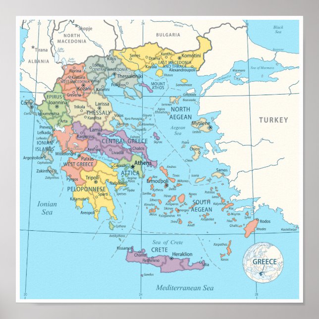 Detailed Map of Greece Poster (Front)