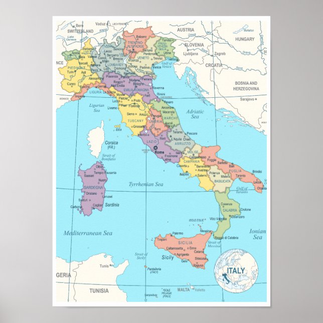 Detailed Map of Italy Poster (Front)