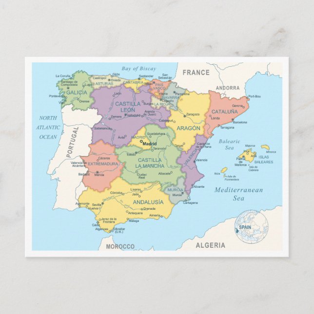Detailed map of Spain Postcard (Front)