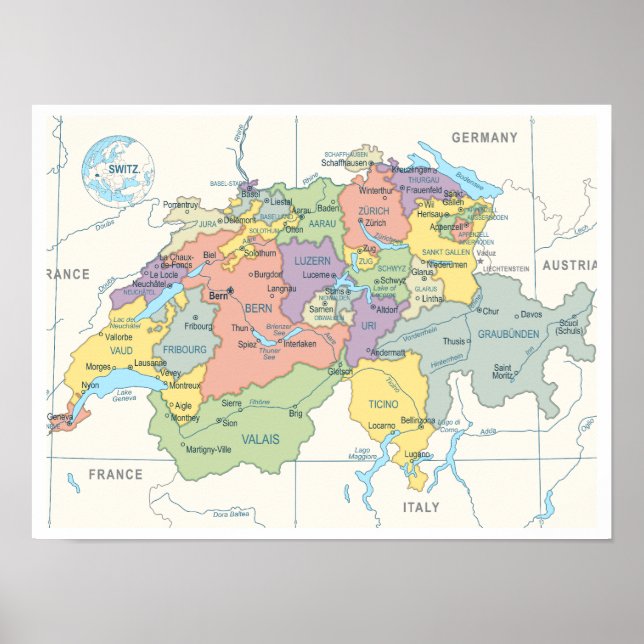 Detailed map of Switzerland Poster (Front)