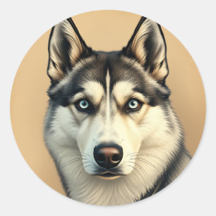 Detailed Portrait of a Siberian Husky with Vintage Classic Round Sticker