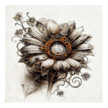 Detailed Steampunk Daisy Sketch in Pencil-Poster