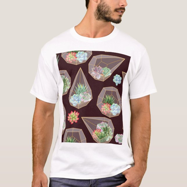 Detailed Succulent Cactus Seamless Pattern T-Shirt (Front)