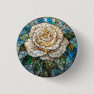 Detailed White Rose Beautiful Stained Glass Art 3 Cm Round Badge