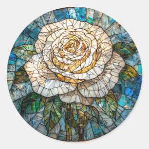 Detailed White Rose Beautiful Stained Glass Art Classic Round Sticker
