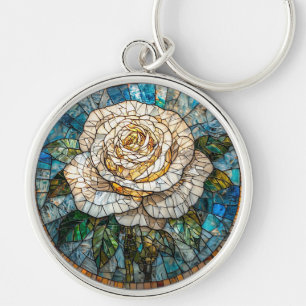 Detailed White Rose Beautiful Stained Glass Art Key Ring