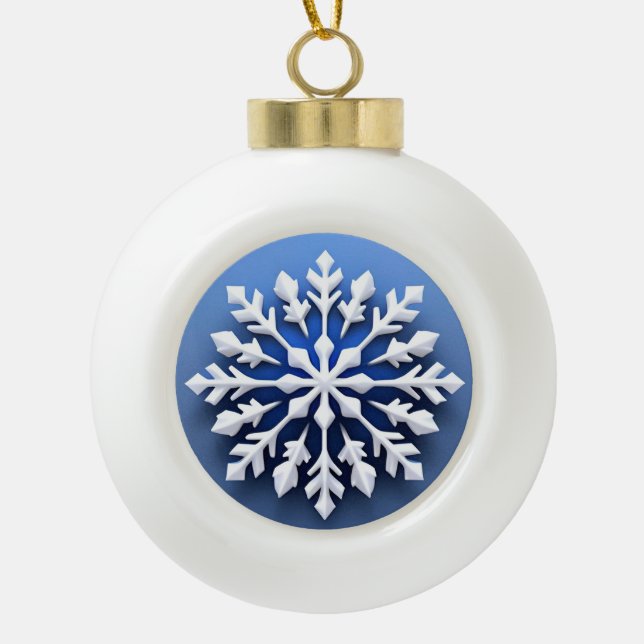 Detailed White Snowflake Design Ceramic Ball Christmas Ornament (Front)