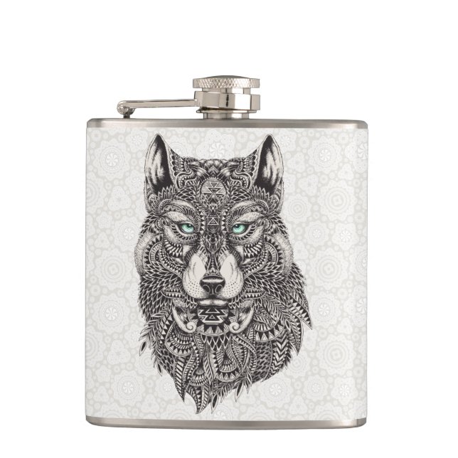 Detailed Wolf Portrait Illustration Hip Flask (Front)