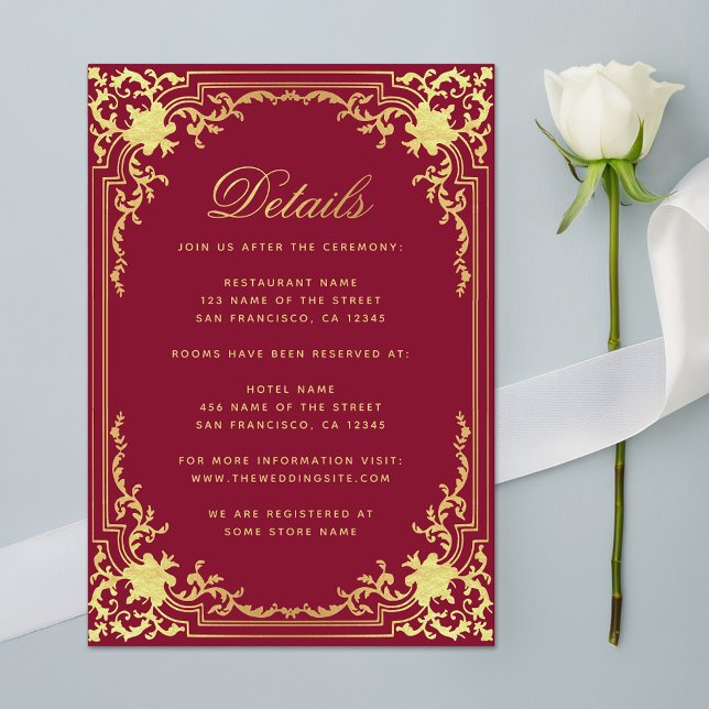 Details Burgundy Faux Gold Elegant Script Wedding Enclosure Card (Creator Uploaded)