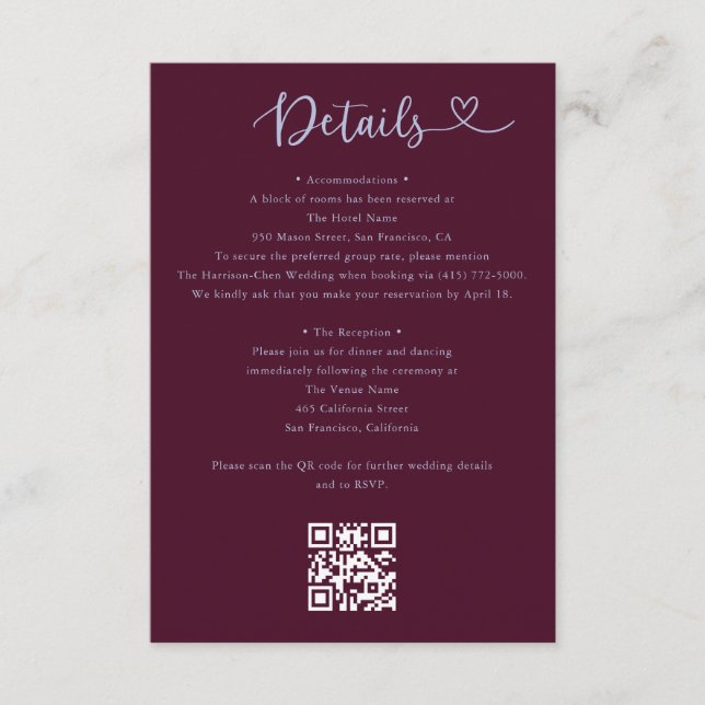 Details Heart QR Code RSVP Wedding  Enclosure Card (Front)