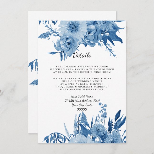 Details Hotel Accommodations Blue n White Floral Invitation (Front/Back)