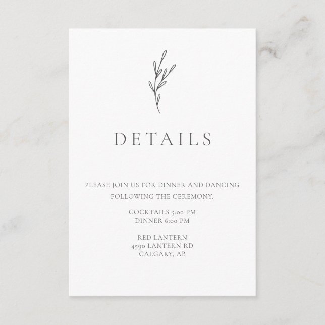 Details Reception Elegant Minimalist Monochrome Enclosure Card (Front)