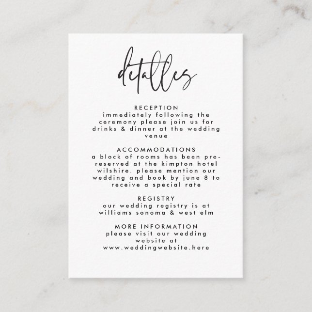 Detalles Spanish Handwritten Script Wedding Enclosure Card (Front)