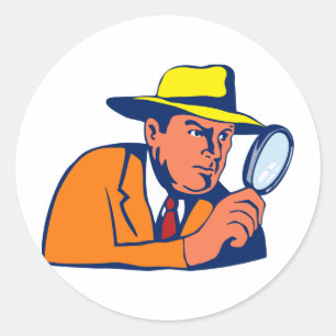 detective looking with magnifying glass classic round sticker